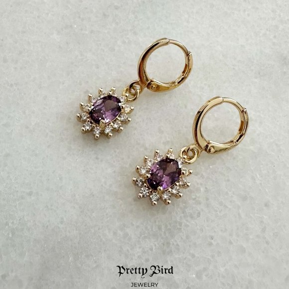 18K Yellow Gold Plated Purple Crystal Dangle Earrings - Picture 2 of 2